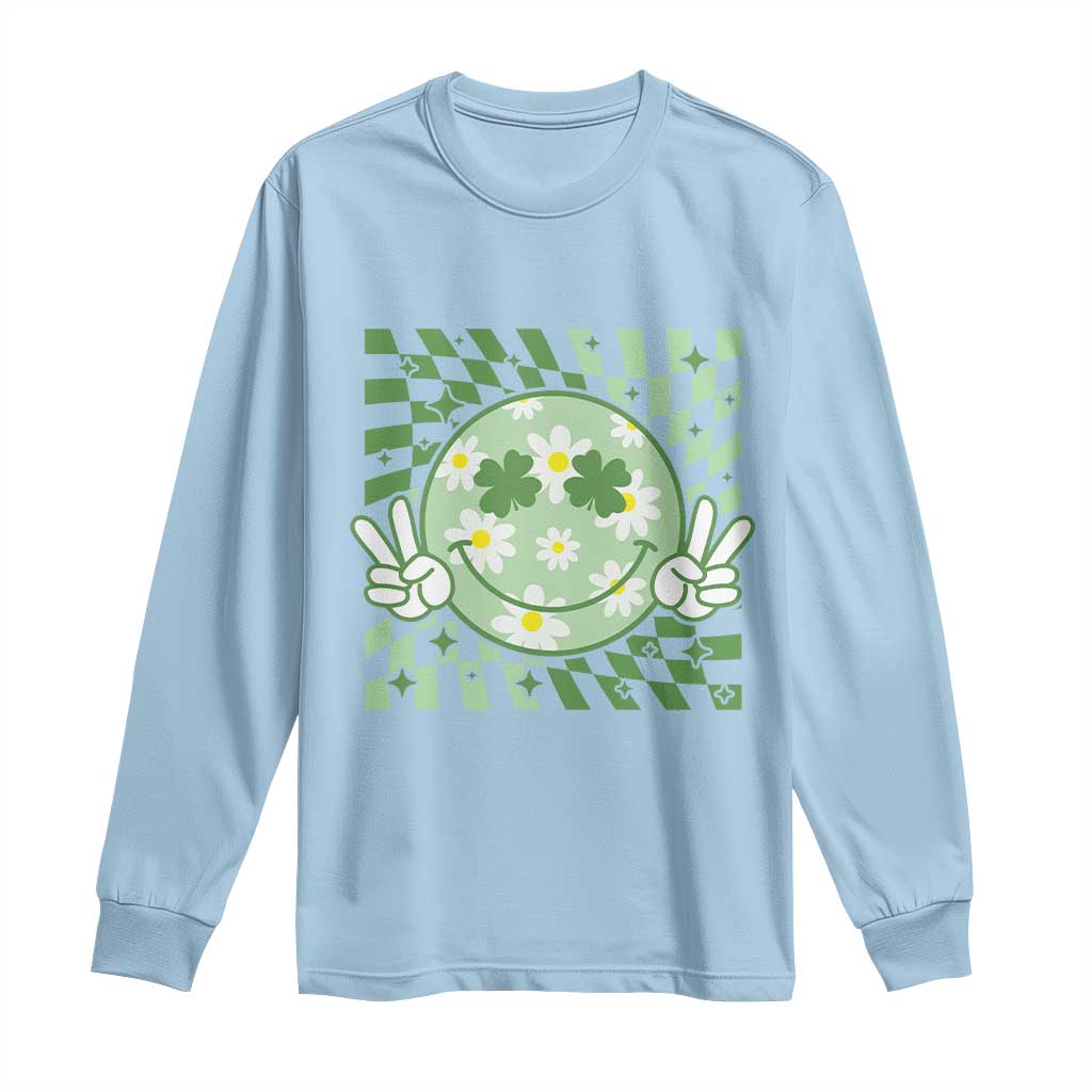 Retro Groovy Shamrock Smile Face St Patricks Day Long Sleeve Shirt TS10 Light Blue Print Your Wear