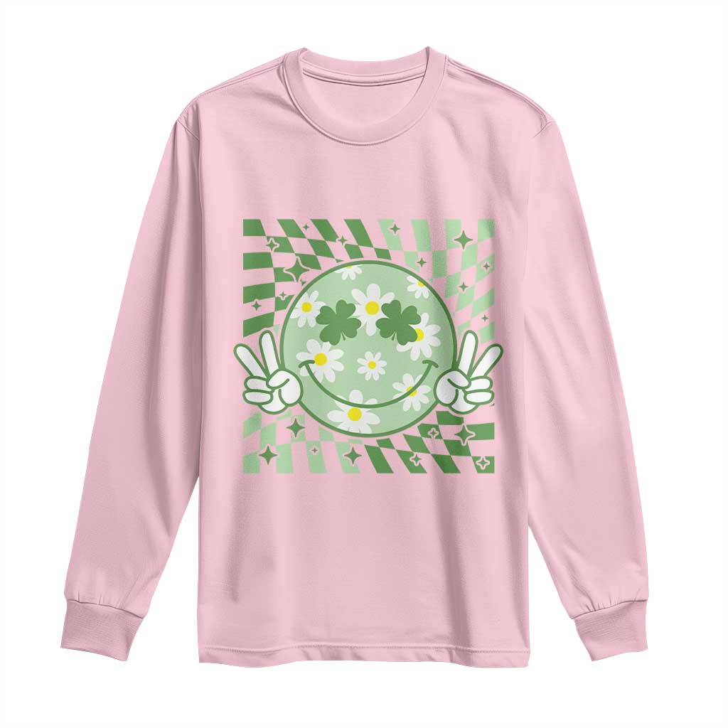Retro Groovy Shamrock Smile Face St Patricks Day Long Sleeve Shirt TS10 Light Pink Print Your Wear