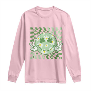 Retro Groovy Shamrock Smile Face St Patricks Day Long Sleeve Shirt TS10 Light Pink Print Your Wear