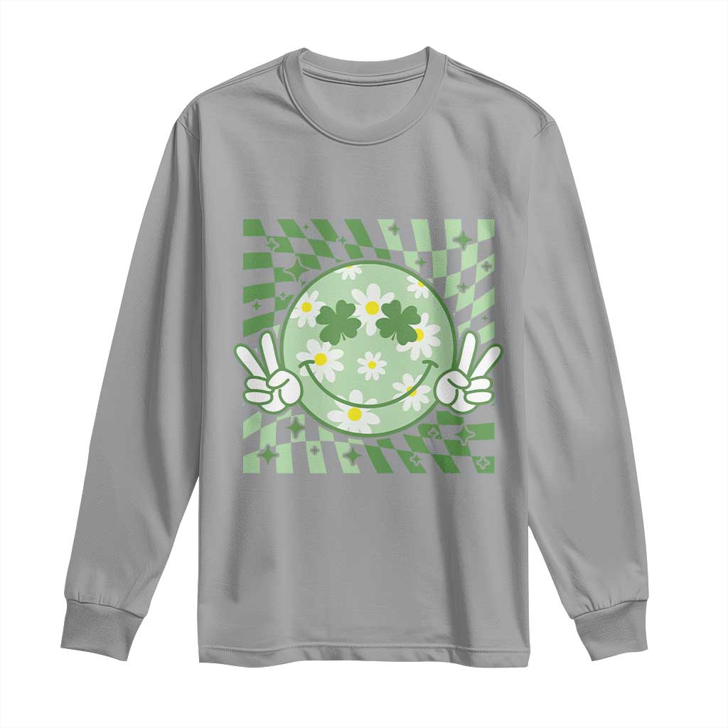 Retro Groovy Shamrock Smile Face St Patricks Day Long Sleeve Shirt TS10 Sport Gray Print Your Wear