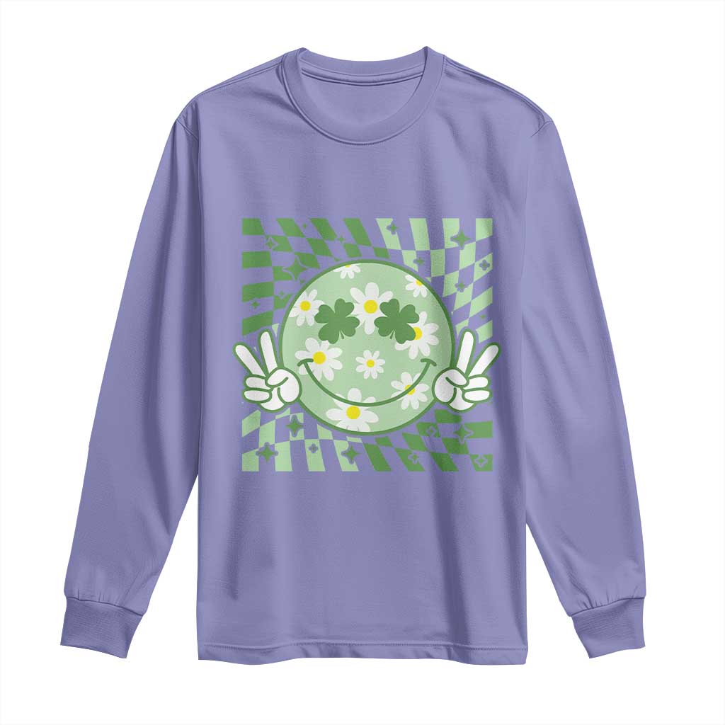 Retro Groovy Shamrock Smile Face St Patricks Day Long Sleeve Shirt TS10 Violet Print Your Wear