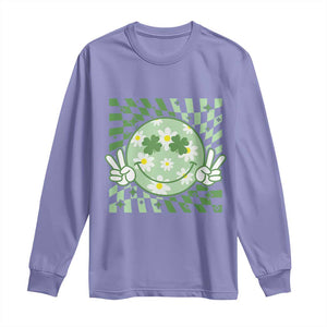 Retro Groovy Shamrock Smile Face St Patricks Day Long Sleeve Shirt TS10 Violet Print Your Wear