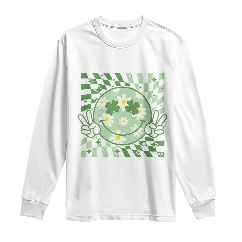 Retro Groovy Shamrock Smile Face St Patricks Day Long Sleeve Shirt TS10 White Print Your Wear