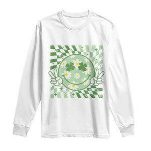 Retro Groovy Shamrock Smile Face St Patricks Day Long Sleeve Shirt TS10 White Print Your Wear