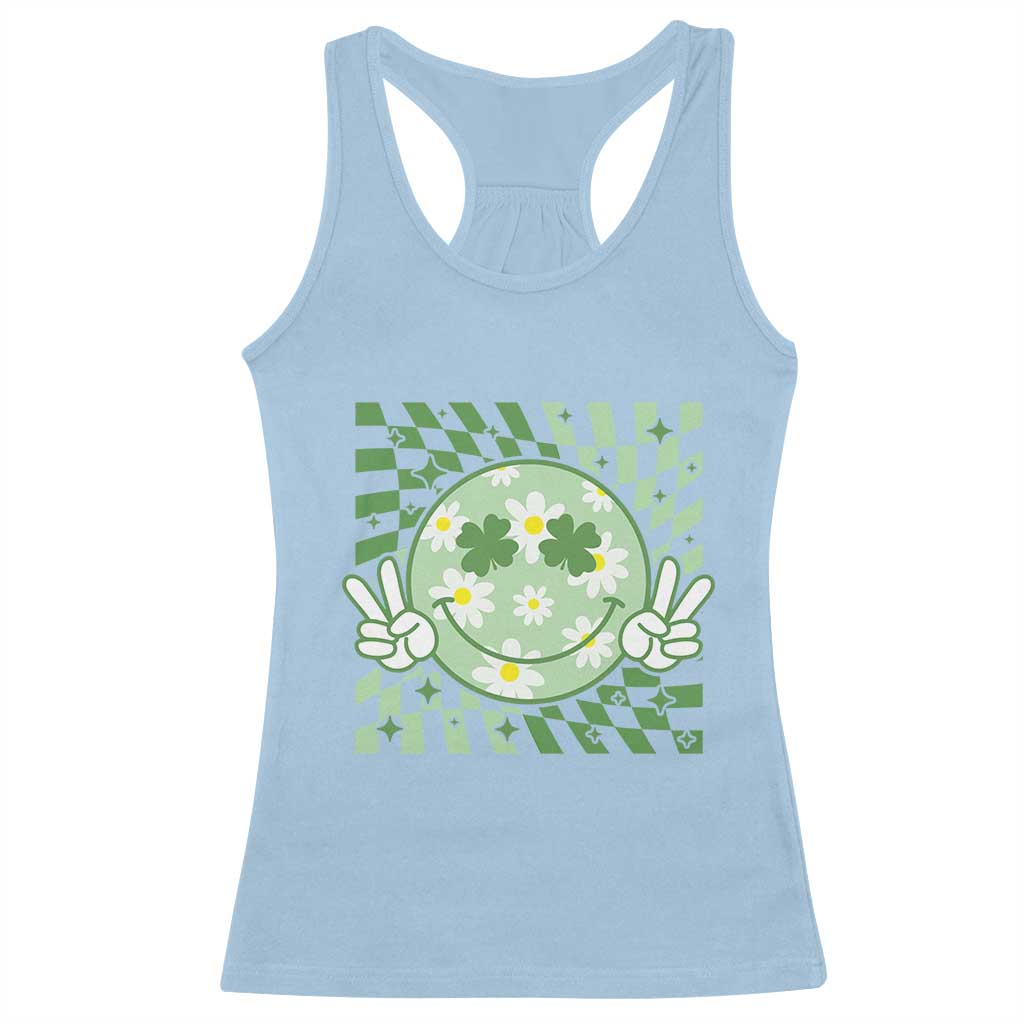 Retro Groovy Shamrock Smile Face St Patricks Day Racerback Tank Top TS10 Light Blue Print Your Wear