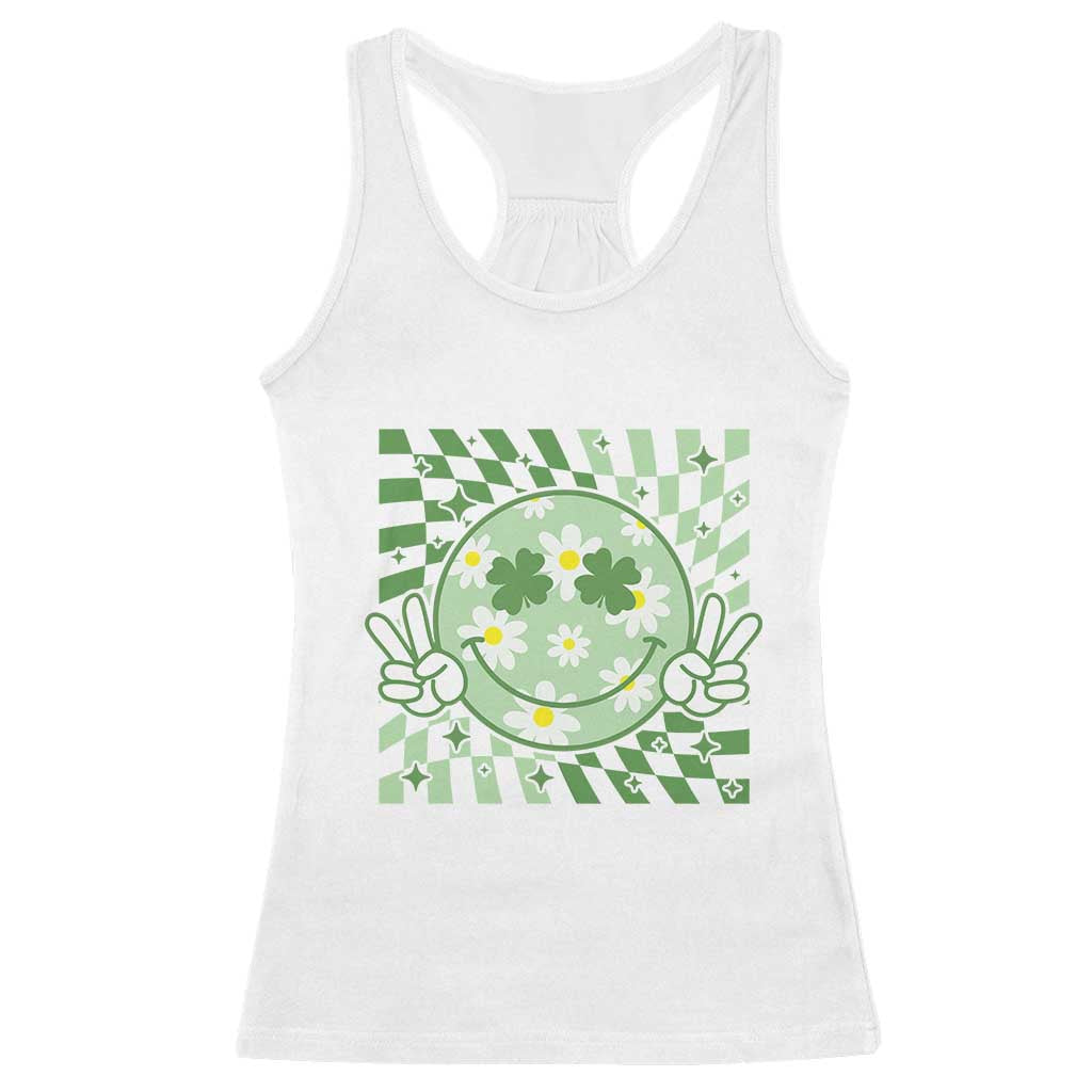Retro Groovy Shamrock Smile Face St Patricks Day Racerback Tank Top TS10 White Print Your Wear