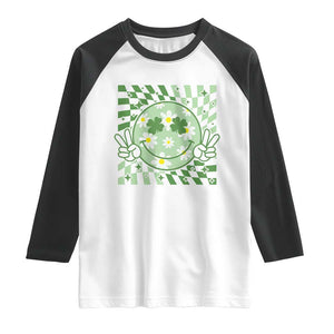 Retro Groovy Shamrock Smile Face St Patricks Day Raglan Shirt TS10 White Black Print Your Wear