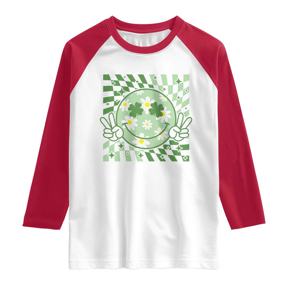 Retro Groovy Shamrock Smile Face St Patricks Day Raglan Shirt TS10 White Red Print Your Wear