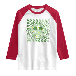Retro Groovy Shamrock Smile Face St Patricks Day Raglan Shirt TS10 White Red Print Your Wear