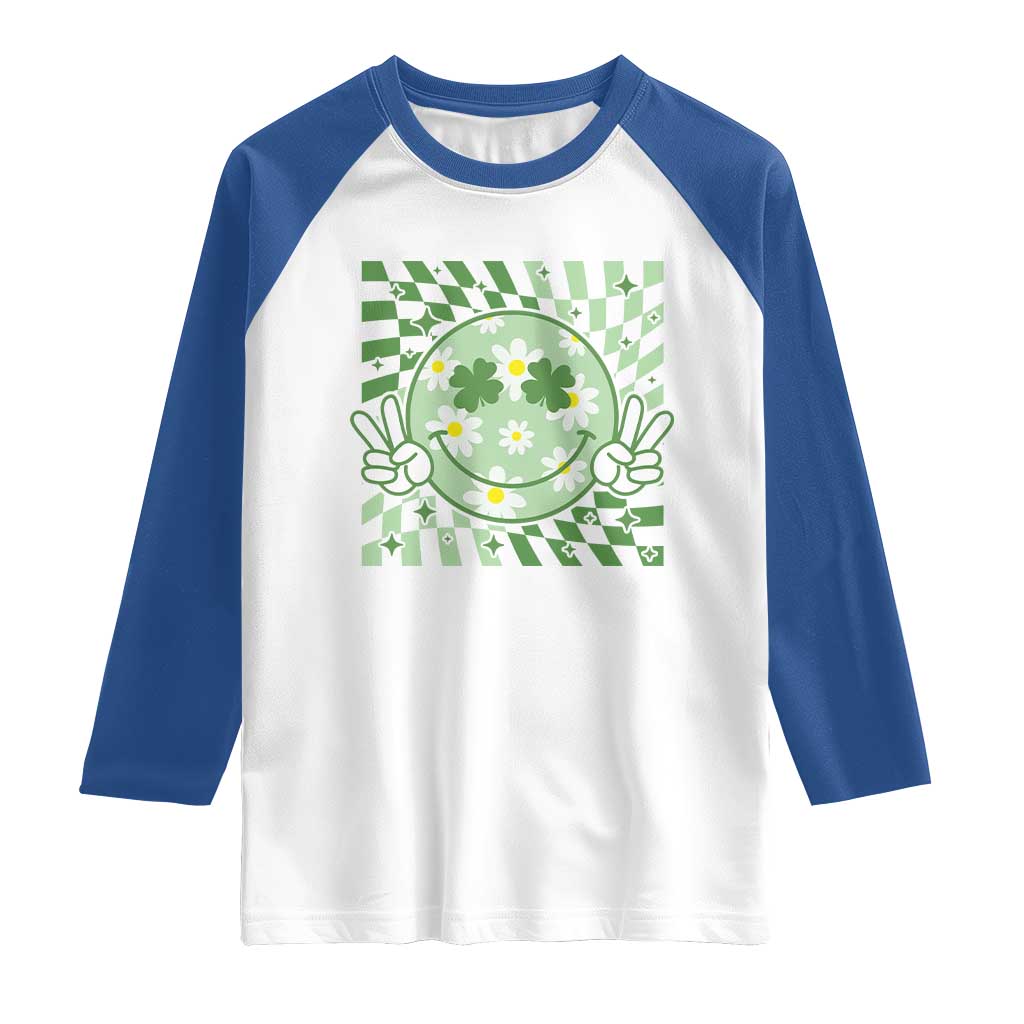 Retro Groovy Shamrock Smile Face St Patricks Day Raglan Shirt TS10 White Royal Print Your Wear
