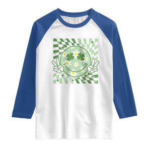Retro Groovy Shamrock Smile Face St Patricks Day Raglan Shirt TS10 White Royal Print Your Wear