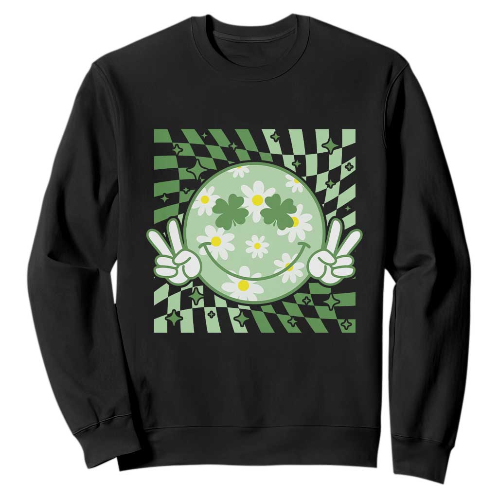 Retro Groovy Shamrock Smile Face St Patricks Day Sweatshirt TS10 Black Print Your Wear