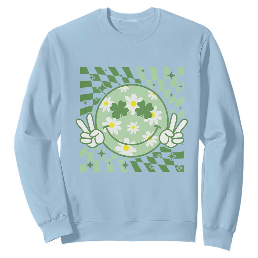 Retro Groovy Shamrock Smile Face St Patricks Day Sweatshirt TS10 Light Blue Print Your Wear
