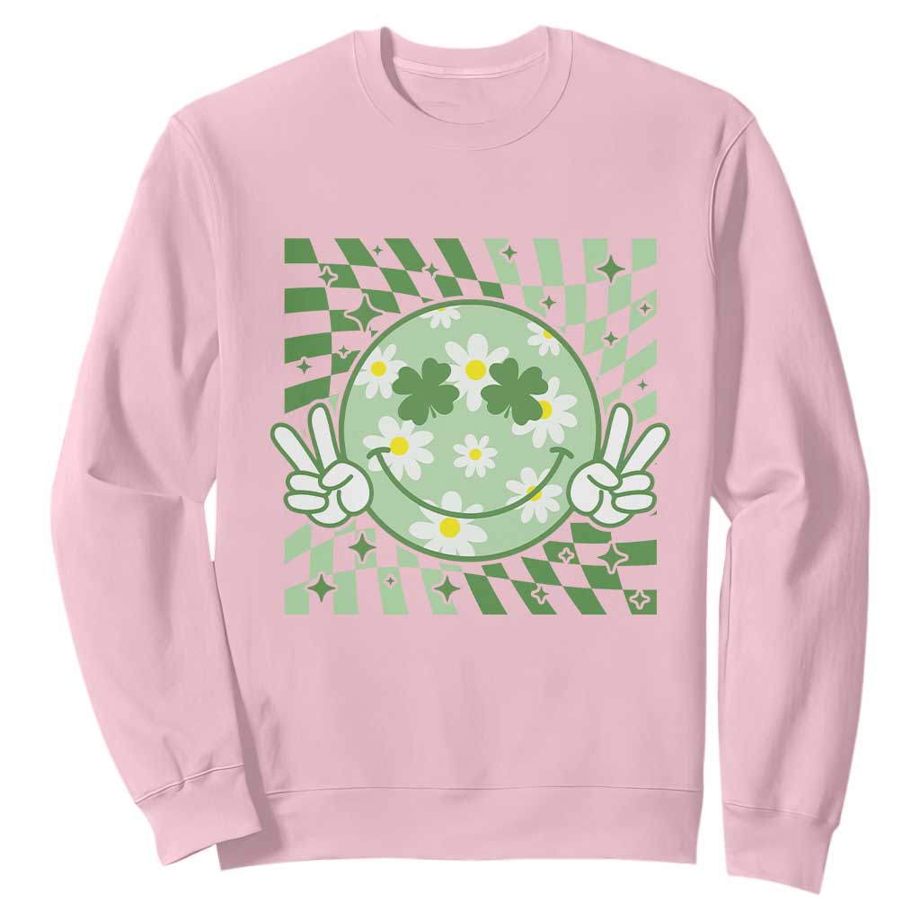 Retro Groovy Shamrock Smile Face St Patricks Day Sweatshirt TS10 Light Pink Print Your Wear