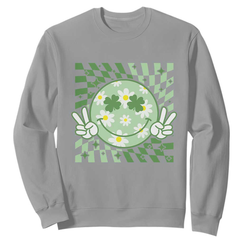 Retro Groovy Shamrock Smile Face St Patricks Day Sweatshirt TS10 Sport Gray Print Your Wear