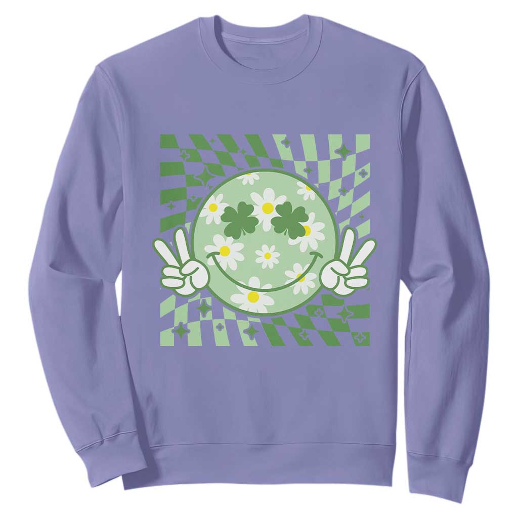 Retro Groovy Shamrock Smile Face St Patricks Day Sweatshirt TS10 Violet Print Your Wear