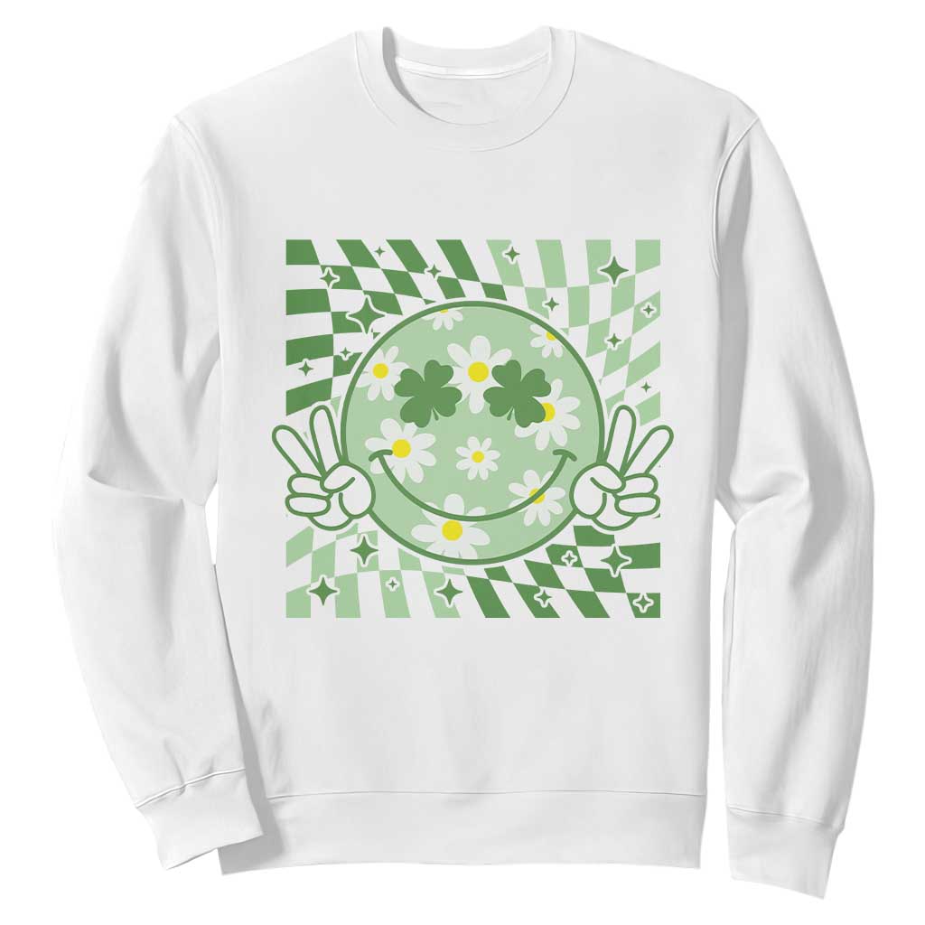 Retro Groovy Shamrock Smile Face St Patricks Day Sweatshirt TS10 White Print Your Wear