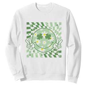 Retro Groovy Shamrock Smile Face St Patricks Day Sweatshirt TS10 White Print Your Wear