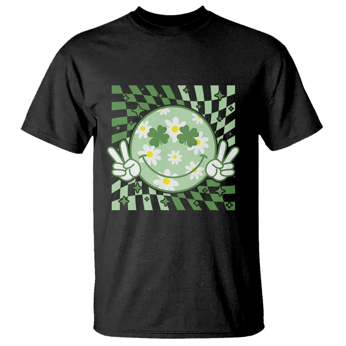 Retro Groovy Shamrock Smile Face St Patricks Day T Shirt TS10 Black Print Your Wear