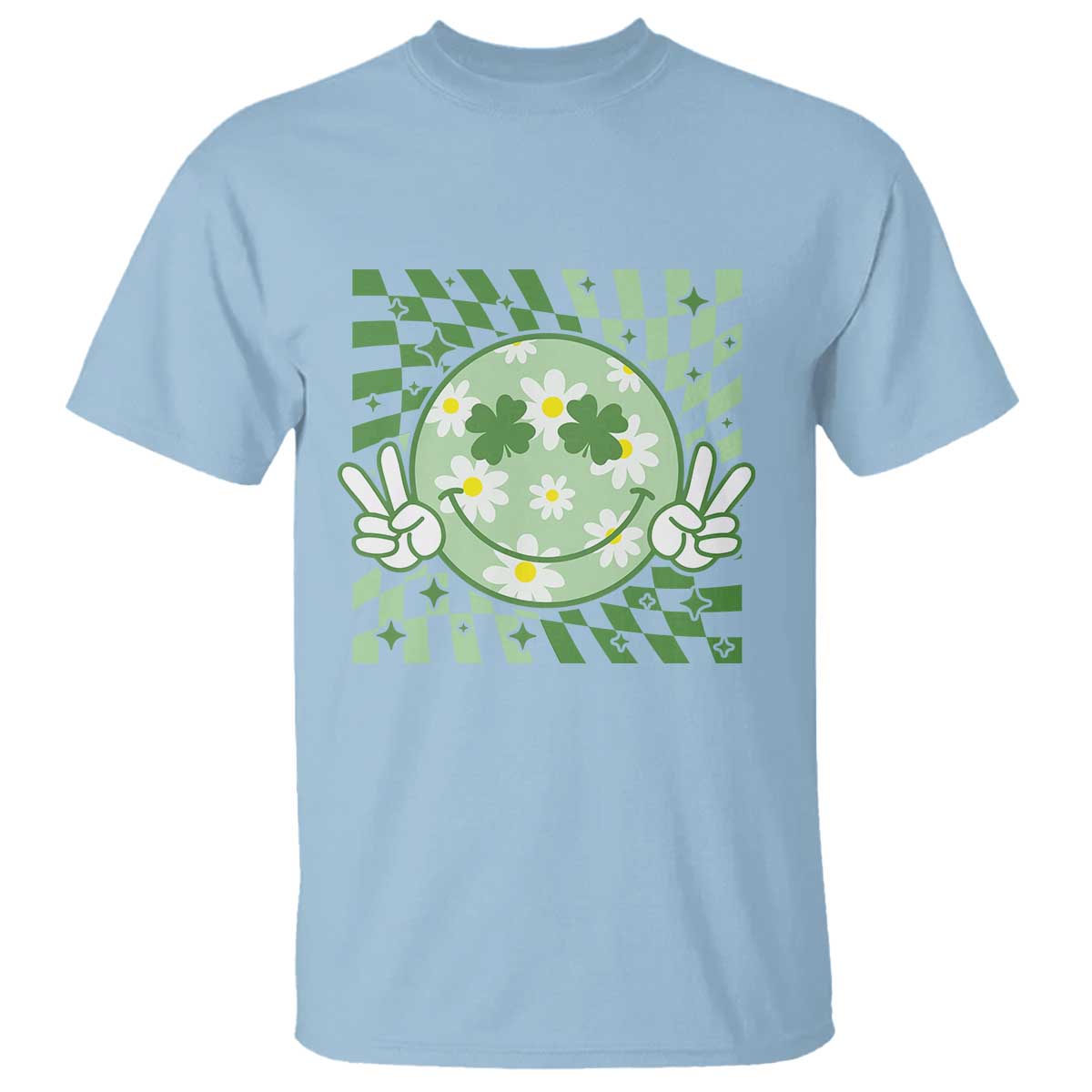 Retro Groovy Shamrock Smile Face St Patricks Day T Shirt TS10 Light Blue Print Your Wear