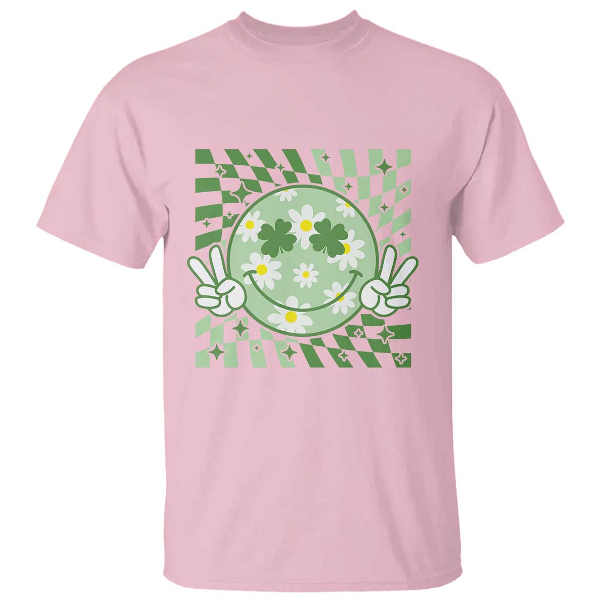 Retro Groovy Shamrock Smile Face St Patricks Day T Shirt TS10 Light Pink Print Your Wear