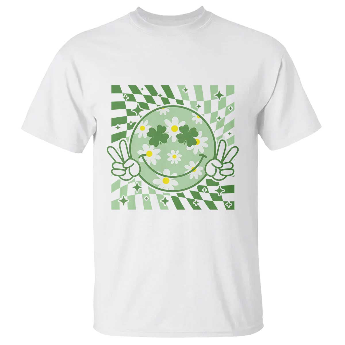 Retro Groovy Shamrock Smile Face St Patricks Day T Shirt TS10 White Print Your Wear