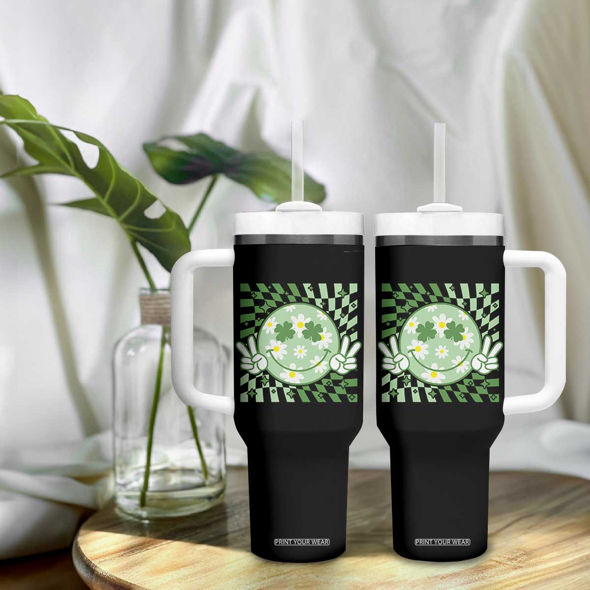 Retro Groovy Shamrock Smile Face St Patricks Day Tumbler With Handle TS10 Print Your Wear