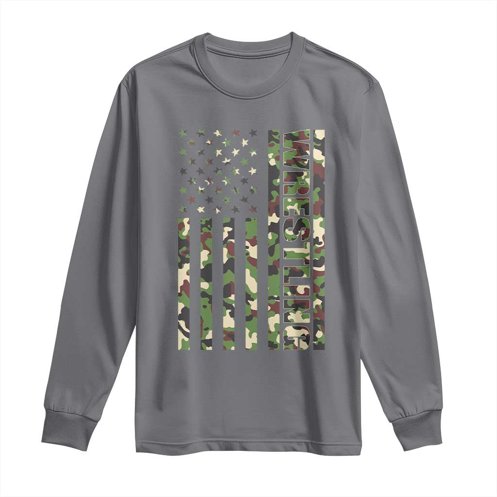 Wrestling American Flag Camo Wrestler Long Sleeve Shirt TS10 Charcoal Print Your Wear