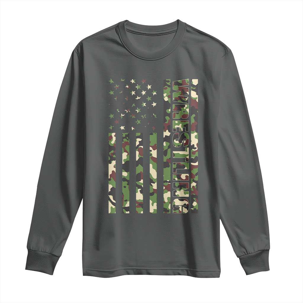 Wrestling American Flag Camo Wrestler Long Sleeve Shirt TS10 Dark Heather Print Your Wear