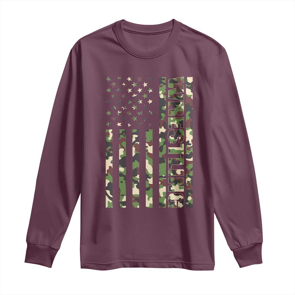 Wrestling American Flag Camo Wrestler Long Sleeve Shirt TS10 Maroon Print Your Wear