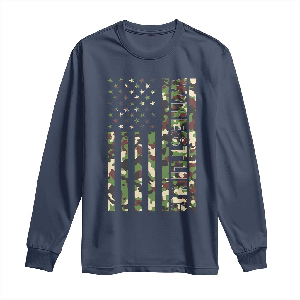 Wrestling American Flag Camo Wrestler Long Sleeve Shirt TS10 Navy Print Your Wear
