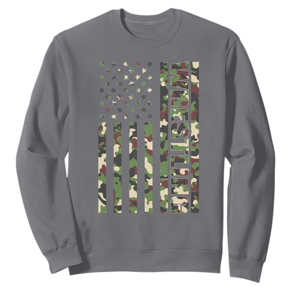 Wrestling American Flag Camo Wrestler Sweatshirt TS10 Charcoal Print Your Wear