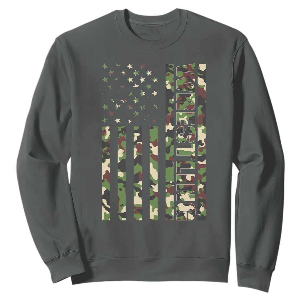 Wrestling American Flag Camo Wrestler Sweatshirt TS10 Dark Heather Print Your Wear