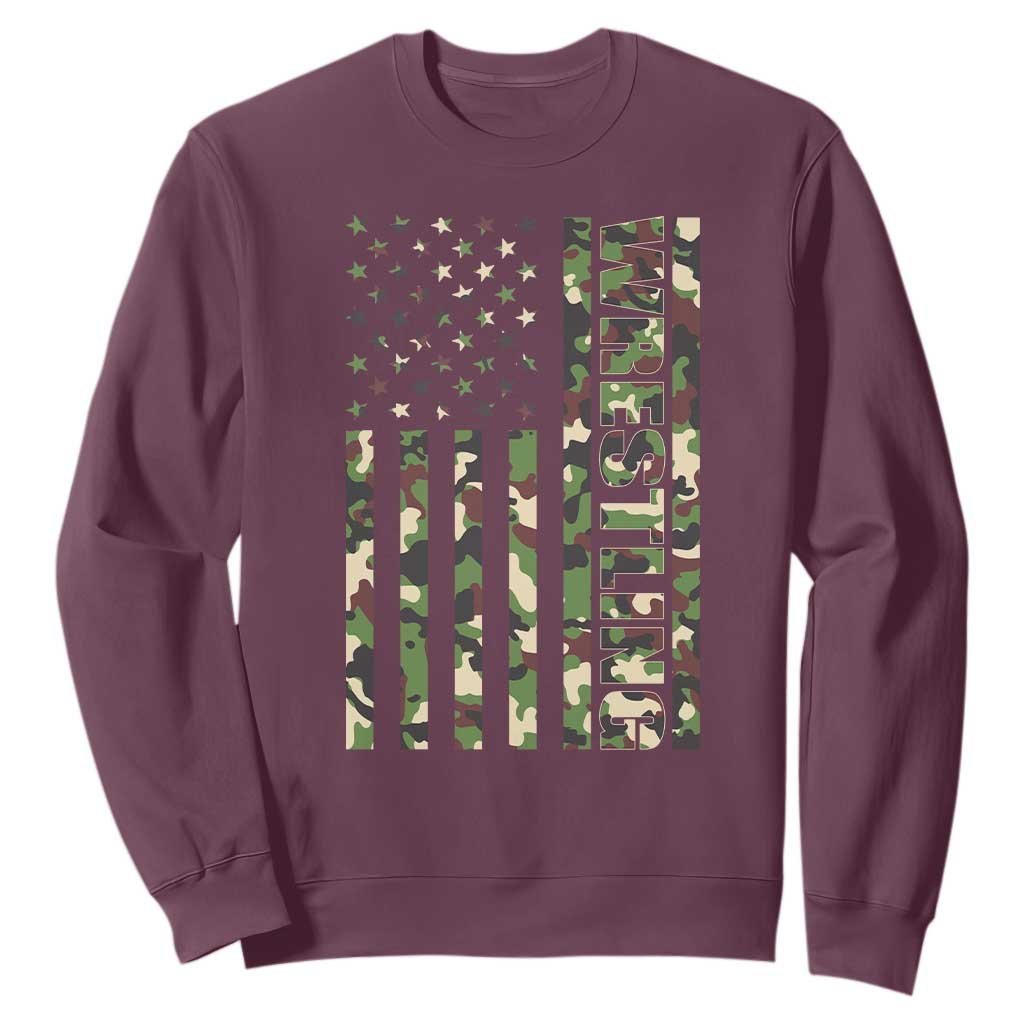 Wrestling American Flag Camo Wrestler Sweatshirt TS10 Maroon Print Your Wear