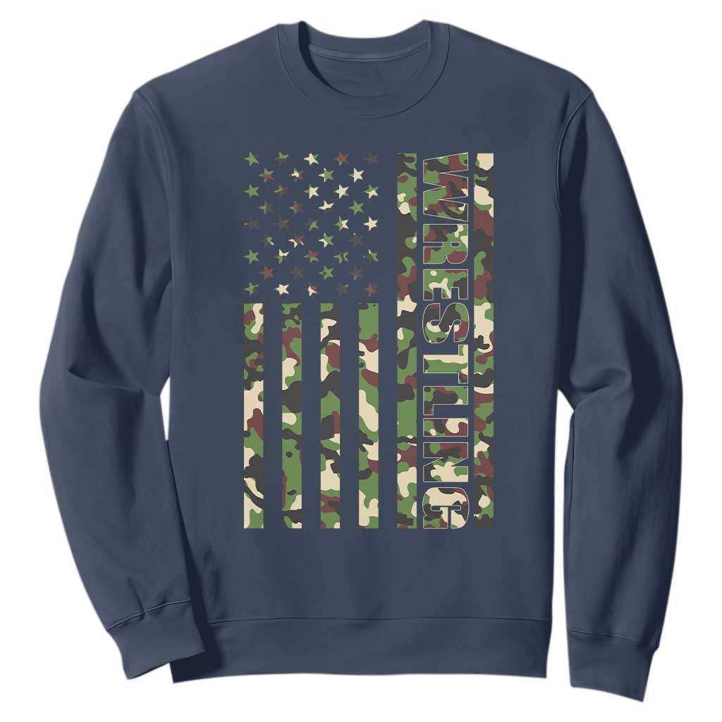 Wrestling American Flag Camo Wrestler Sweatshirt TS10 Navy Print Your Wear