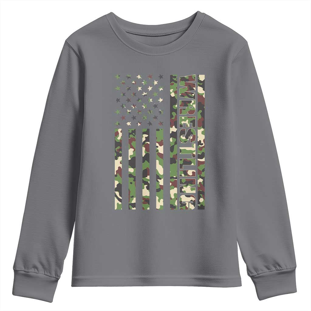 Wrestling American Flag Camo Wrestler Youth Sweatshirt TS10 Charcoal Print Your Wear