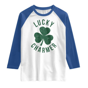 Funny Irish St Patricks Day Shamrock Raglan Shirt Lucky Charmer TS10 White Royal Print Your Wear