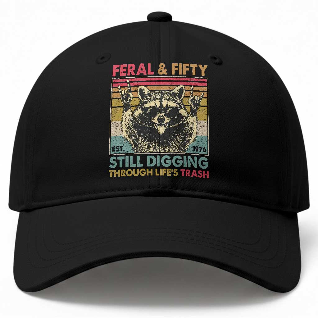 Funny 50th Birthday Baseball Cap Retro Racoon Feral And Fifty TS10 Print Your Wear