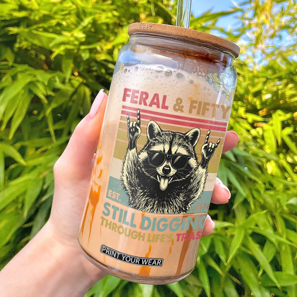 Funny 50th Birthday Glass Can Retro Racoon Feral And Fifty TS10 Black Print Your Wear