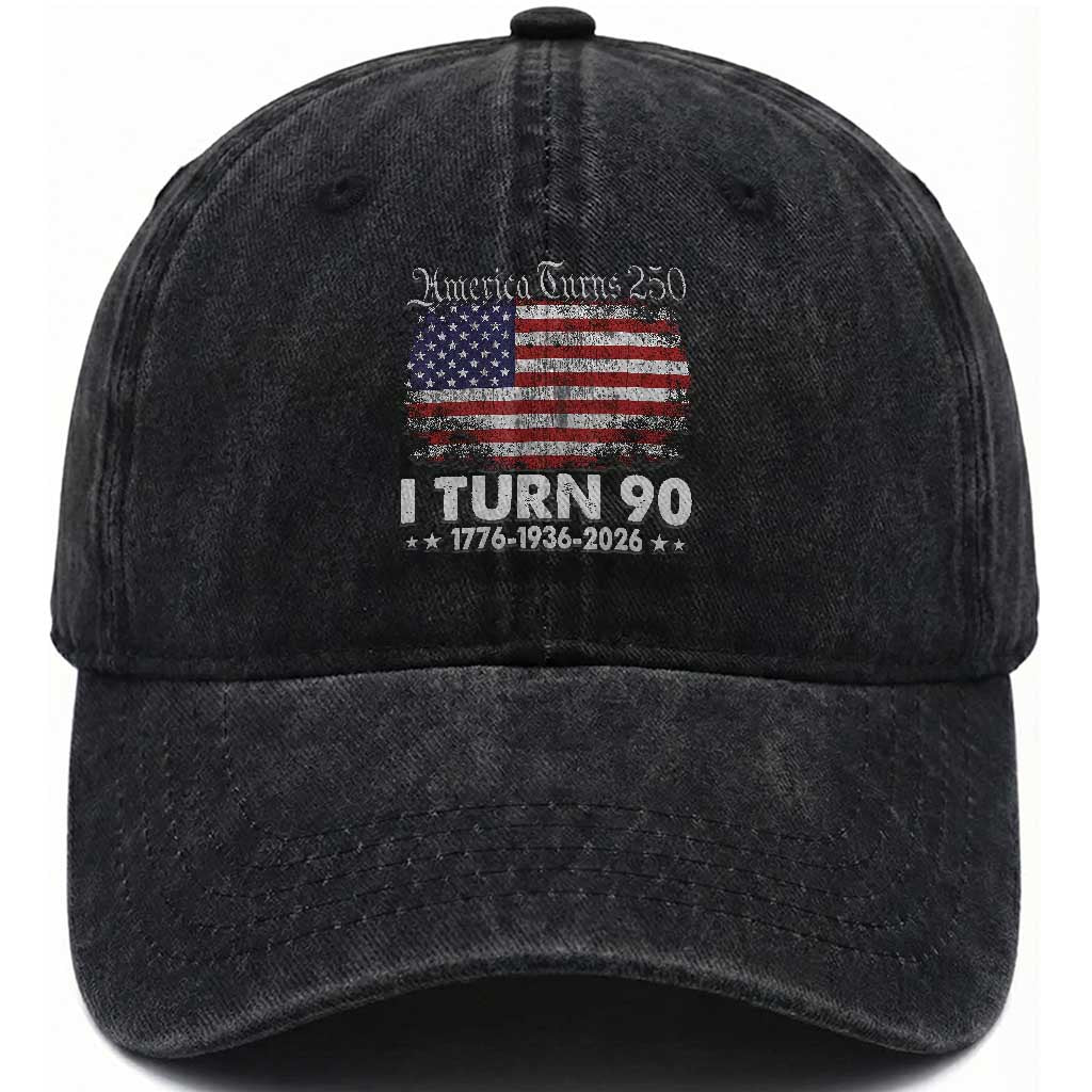 America Turns 250 I Turn 90 Washed Cotton Baseball Cap Vintage 1936 90th Birthday 250th Anniversary USA 90 Year Old Gift TS10 Print Your Wear