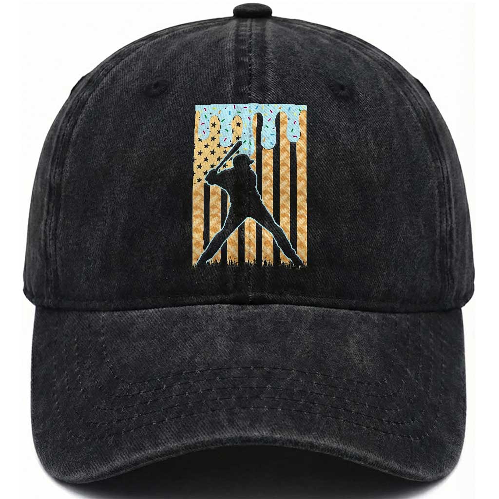 Baseball Drip Washed Cotton Baseball Cap Dripping Ice Cream Sprinkles American Flag Boys TS10 Washed Cap Universal Fit Black Print Your Wear