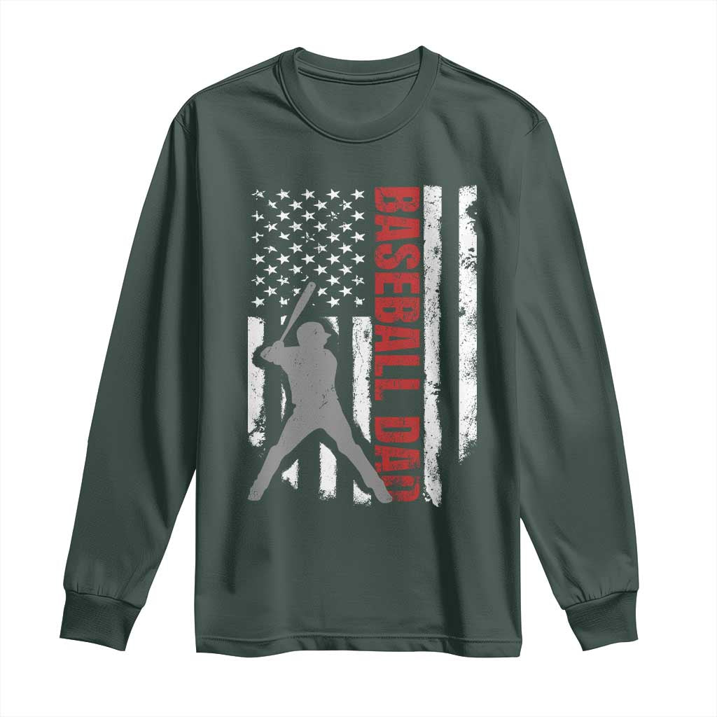 Baseball Dad Long Sleeve Shirt Retro US Flag Fathers Day Baseball Player TS10 Dark Forest Green Print Your Wear