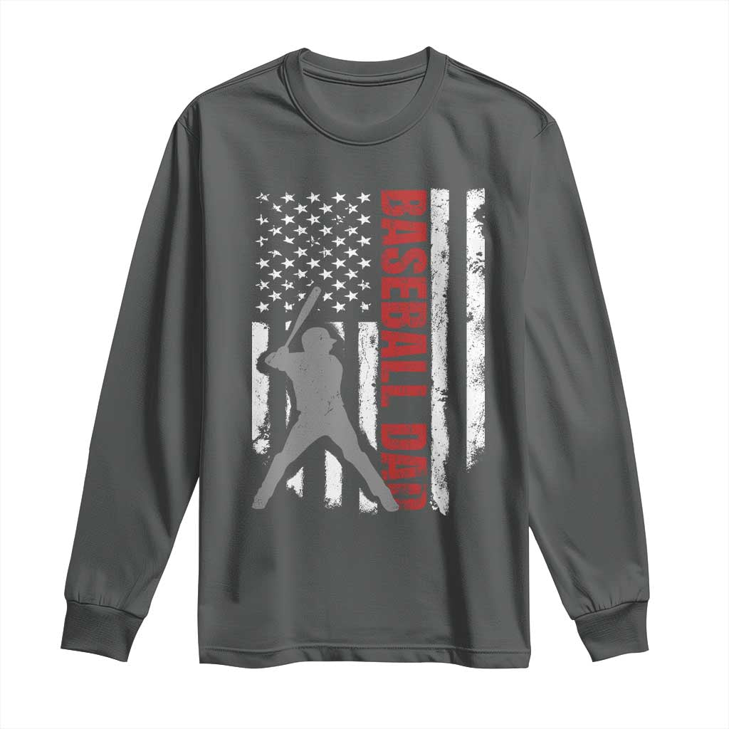 Baseball Dad Long Sleeve Shirt Retro US Flag Fathers Day Baseball Player TS10 Dark Heather Print Your Wear