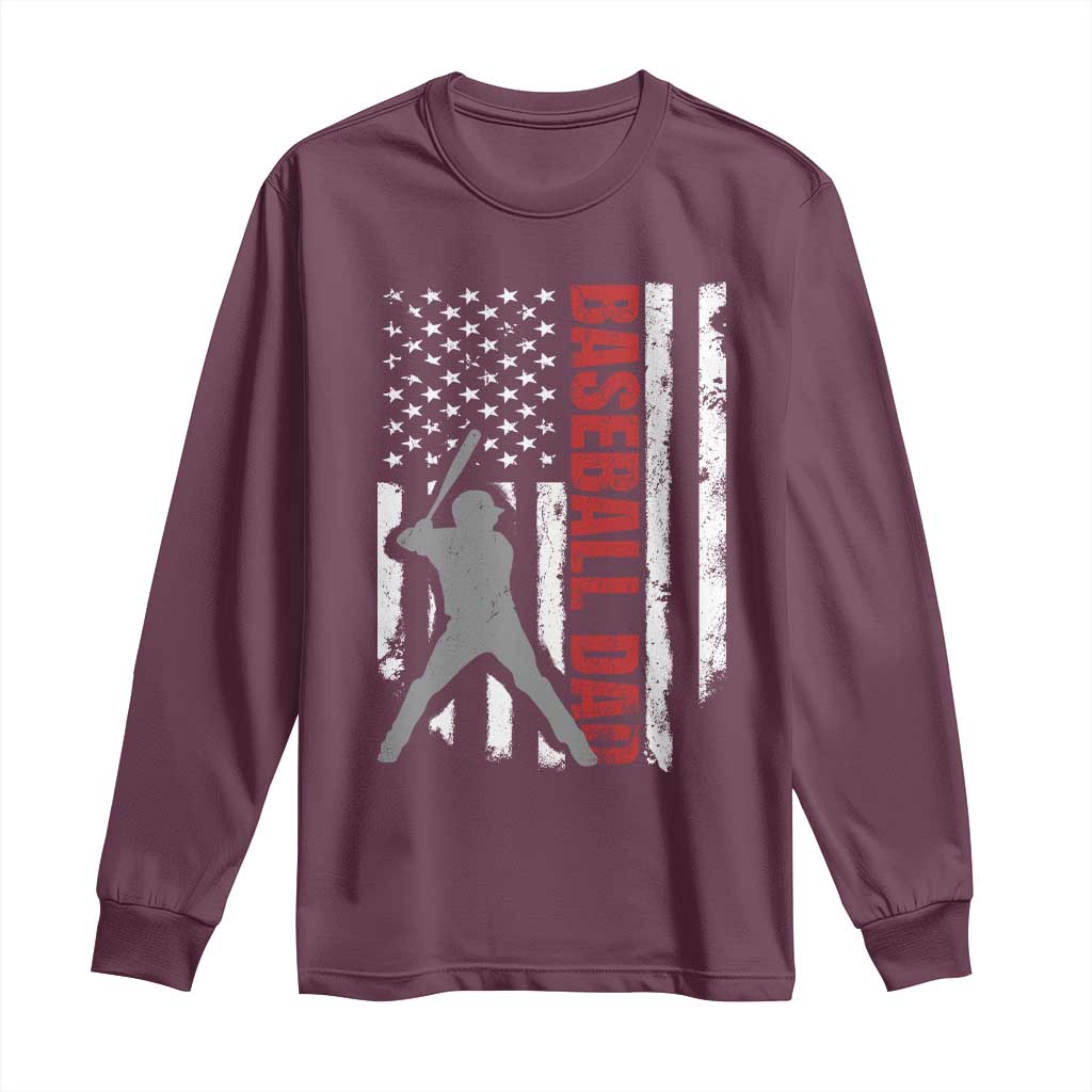Baseball Dad Long Sleeve Shirt Retro US Flag Fathers Day Baseball Player TS10 Maroon Print Your Wear