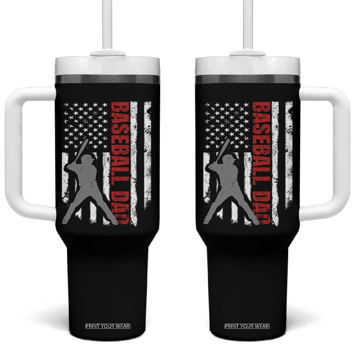 Baseball Dad Tumbler With Handle Retro US Flag Fathers Day Baseball Player TS10 One Size: 40 oz Black Print Your Wear