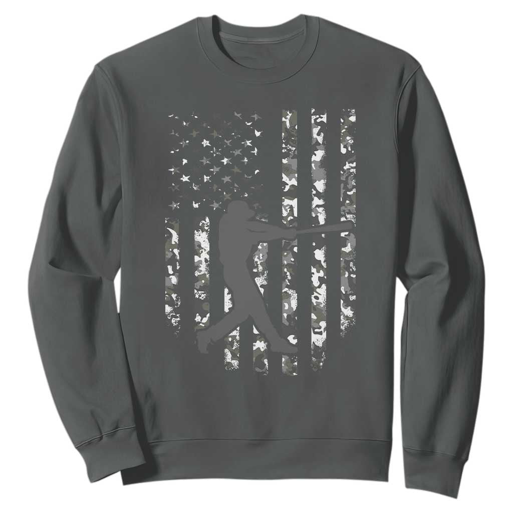 Camo US Flag Baseball Player Sweatshirt Retro Camouflage American Flag Patriotic TS10 Dark Heather Print Your Wear