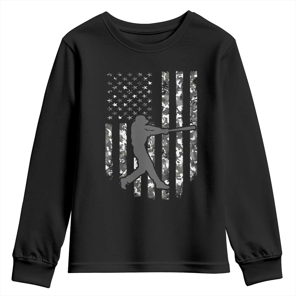 Camo US Flag Baseball Player Youth Sweatshirt Retro Camouflage American Flag Patriotic TS10 Black Print Your Wear