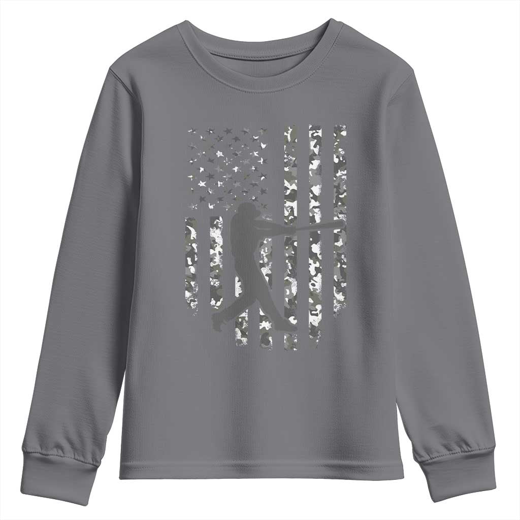 Camo US Flag Baseball Player Youth Sweatshirt Retro Camouflage American Flag Patriotic TS10 Charcoal Print Your Wear