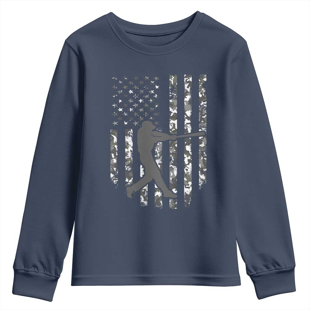 Camo US Flag Baseball Player Youth Sweatshirt Retro Camouflage American Flag Patriotic TS10 Navy Print Your Wear