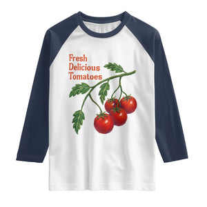 Subtle FDT Raglan Shirt Fresh Delicious Tomatoes Retro Tomato Vine Graphic Political Humor TS10 White Navy Print Your Wear